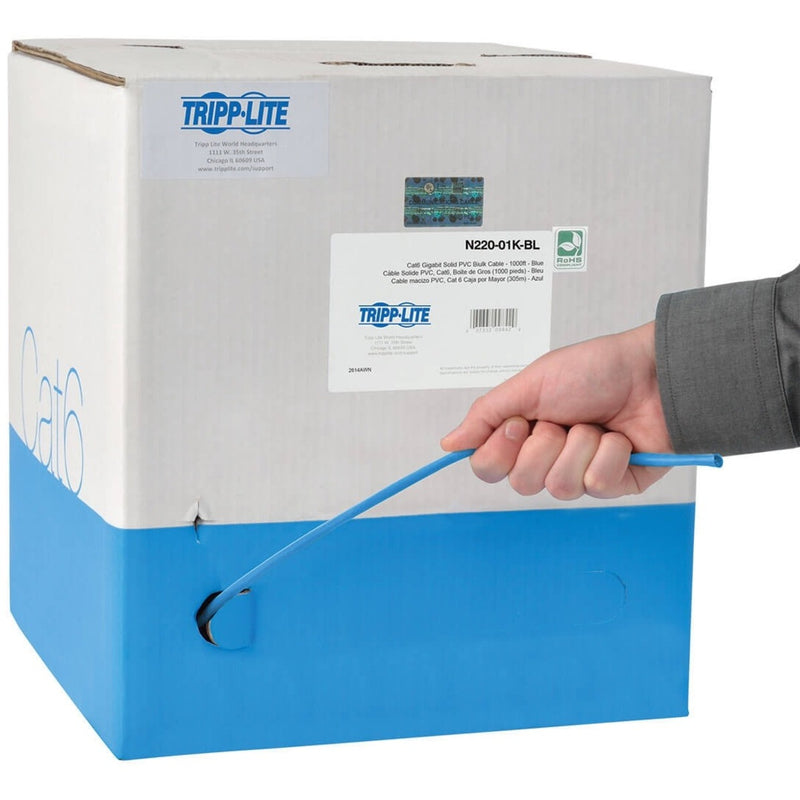 Demonstration of Cat6 cable being pulled from Tripp Lite bulk box dispenser