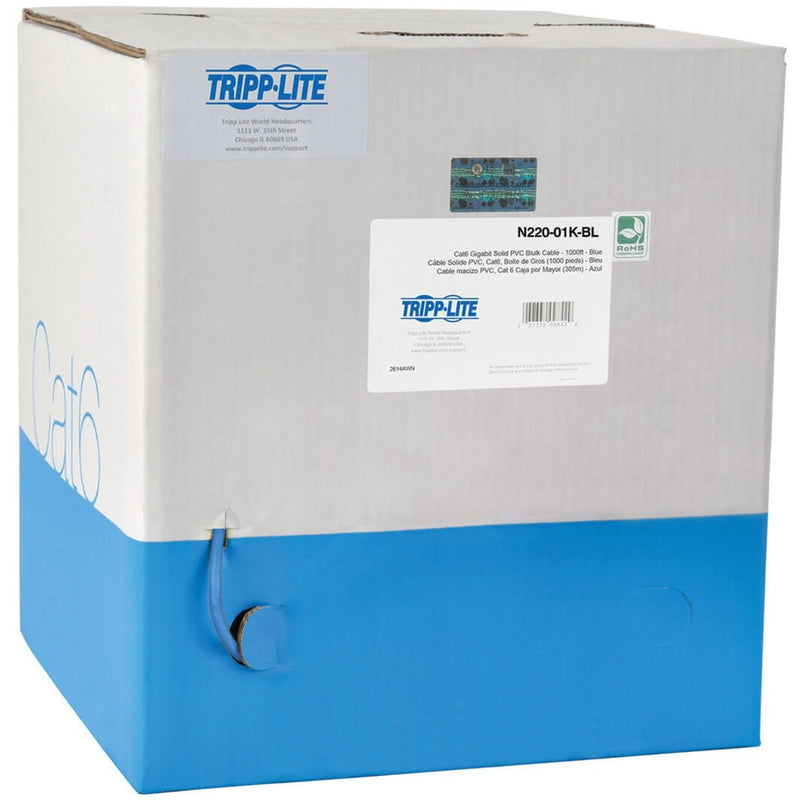 Tripp Lite N220-01K-BL Cat6 cable bulk box showing product labeling and RoHS certification