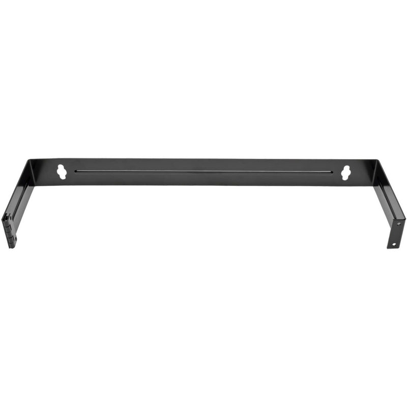 Front view of black steel 1U hinged wall-mount patch panel bracket showing mounting slots and sturdy frame construction