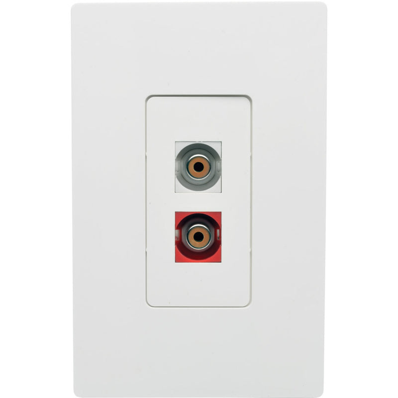 White wall plate with installed red and white RCA keystone jacks