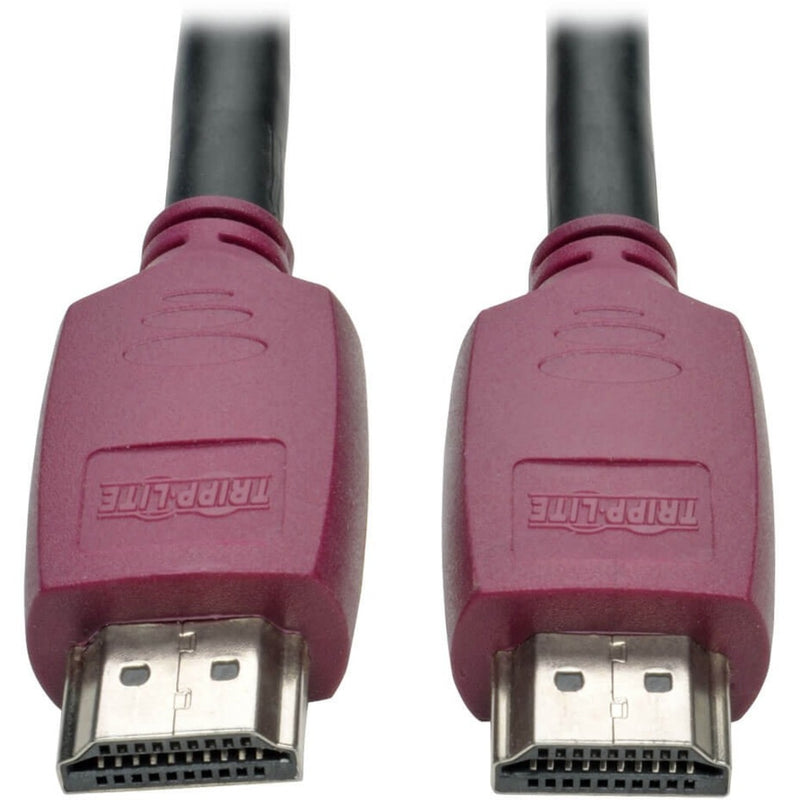 Close-up view of burgundy HDMI connectors with gold-plated contacts and Tripp Lite branding