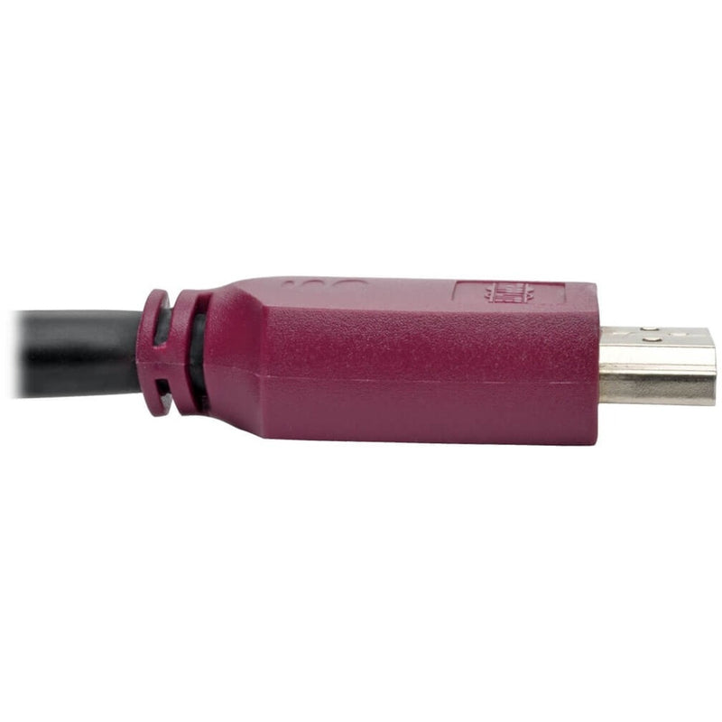 Close-up side view of burgundy HDMI connector showing strain relief design