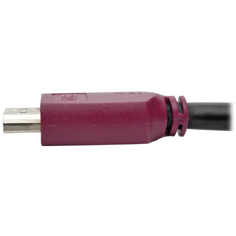 Profile view of burgundy HDMI connector showing ergonomic design