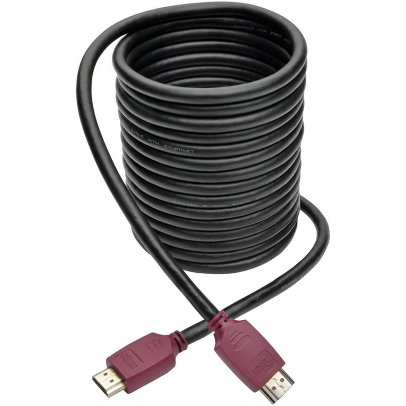 Full length view of 15-foot black HDMI cable with burgundy connectors coiled to show flexibility