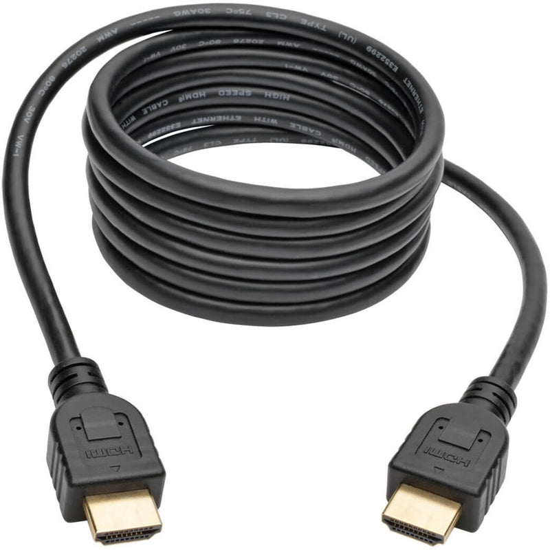 Coiled view of flexible black HDMI cable showing CL3-rated construction and cable flexibility