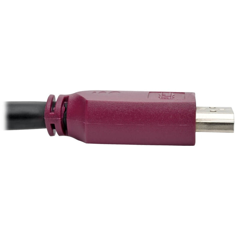 Side view of burgundy HDMI connector showing strain relief design