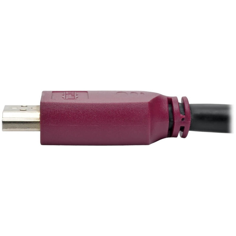 Detailed side profile of burgundy HDMI connector showing premium construction