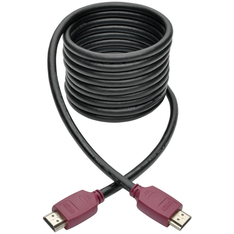 Coiled black HDMI cable with burgundy connectors showing flexible cable design