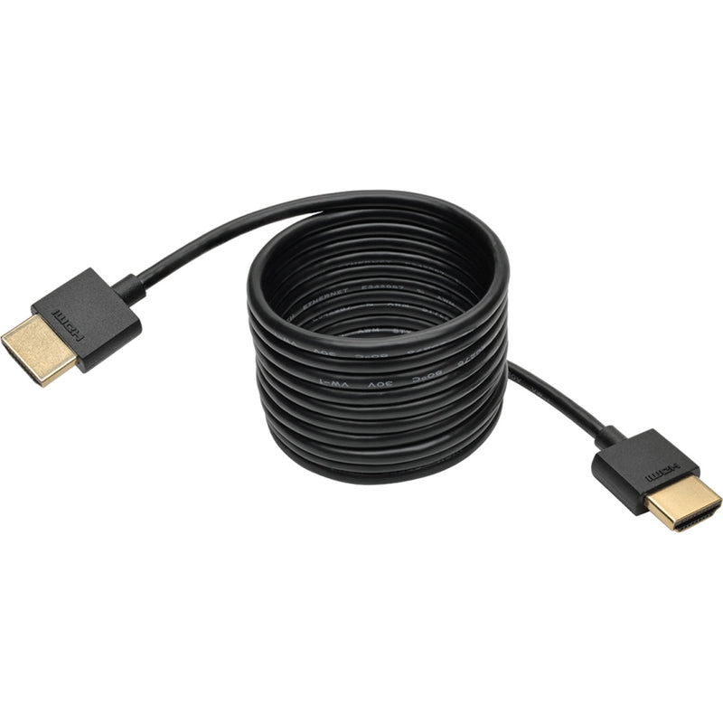 Coiled view of slim black HDMI cable showing flexible design and gold-plated connectors