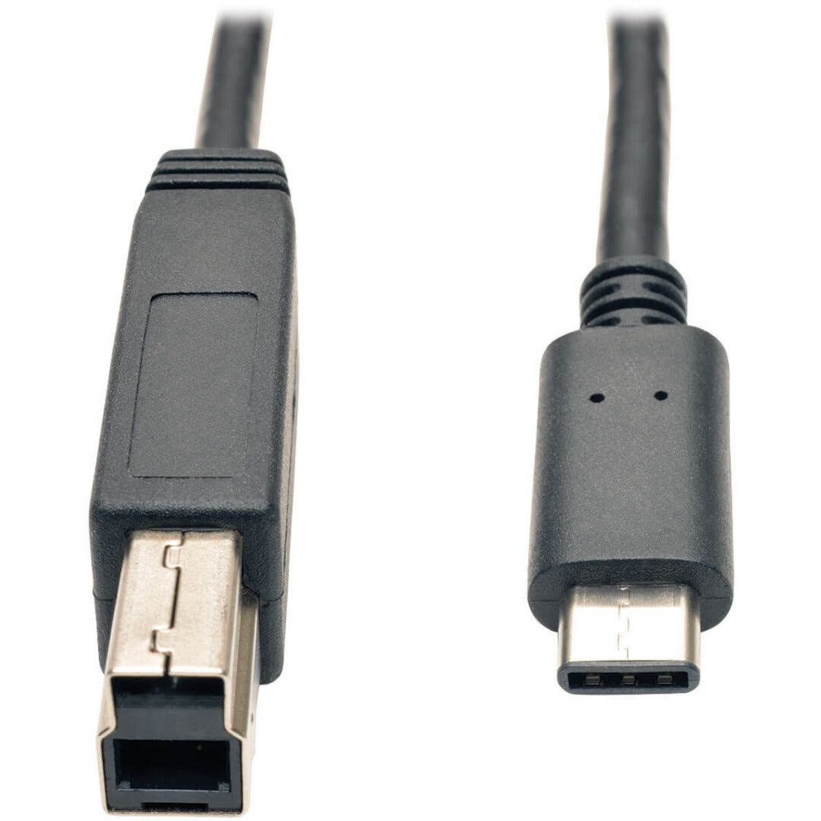 Close-up view of Tripp Lite USB 3.1 Gen 2 cable showing USB Type-C and USB 3.0 Type-B connectors with strain relief and premium shielding-alternate-image1