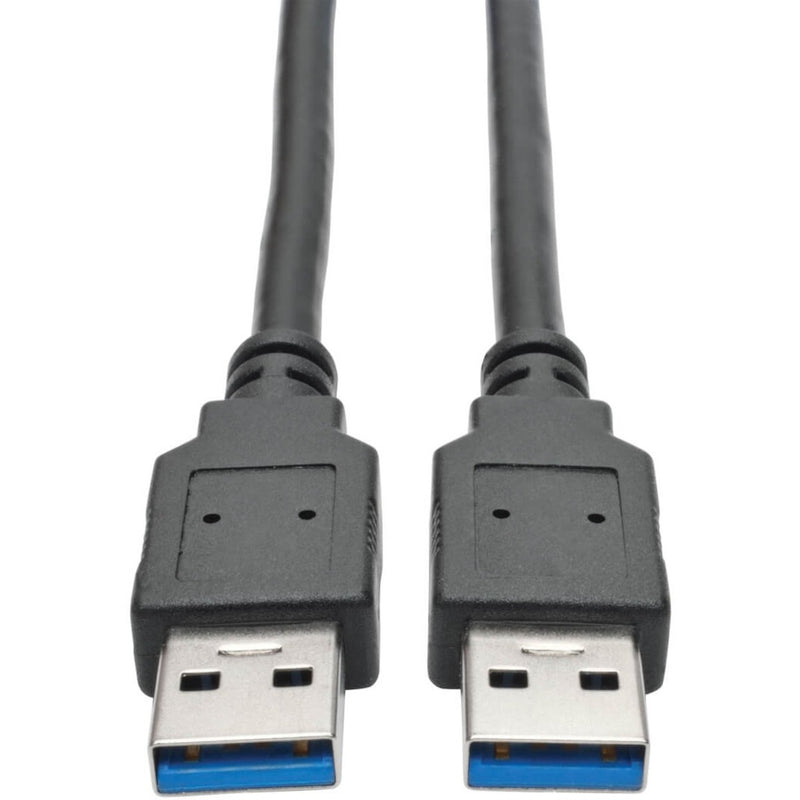 Close-up view of dual USB 3.0 Type-A male connectors with blue internal components and black housing