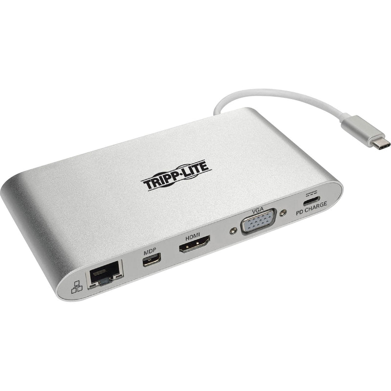 Tripp Lite U442-DOCK1 USB-C docking station showing multiple display ports and network connection