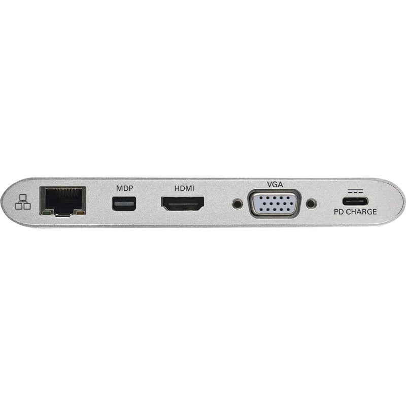 Side view of Tripp Lite docking station showing labeled ports including HDMI, VGA, and Mini DisplayPort