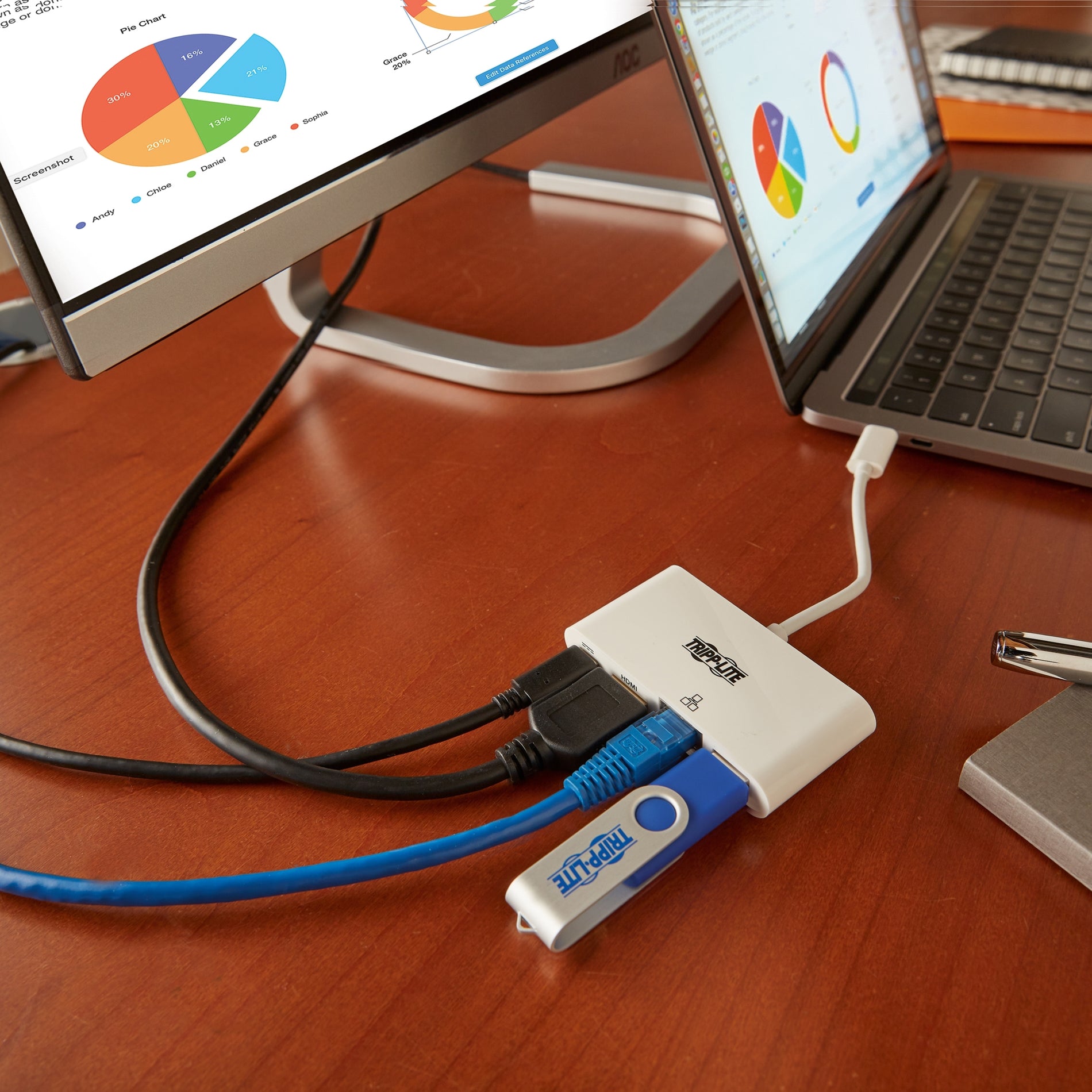 Tripp Lite docking station in use with multiple displays and USB devices in office setting-alternate-image6