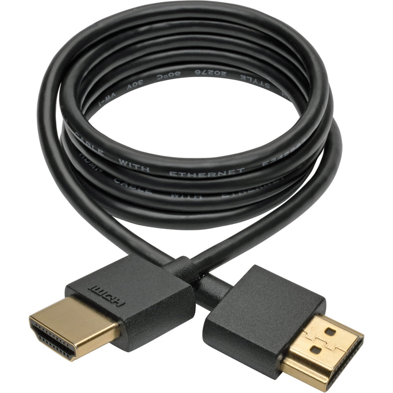 Coiled view of slim black HDMI cable showing flexible design and Ethernet labeling