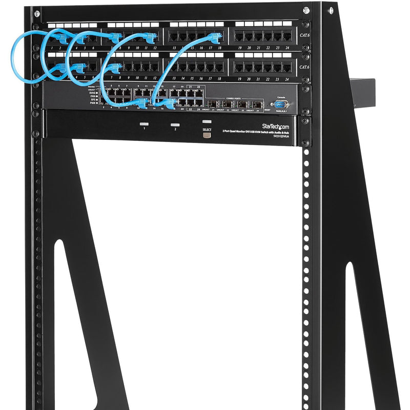 Close-up of StarTech.com rack showing detailed cable management with network equipment installed