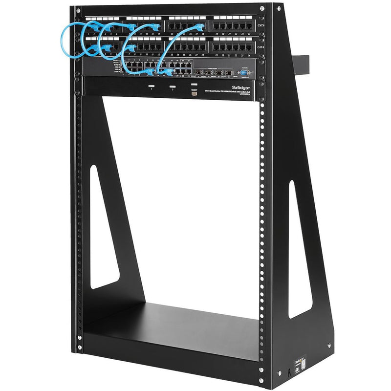 StarTech.com 16U rack loaded with network switches and patch panels showing cable management