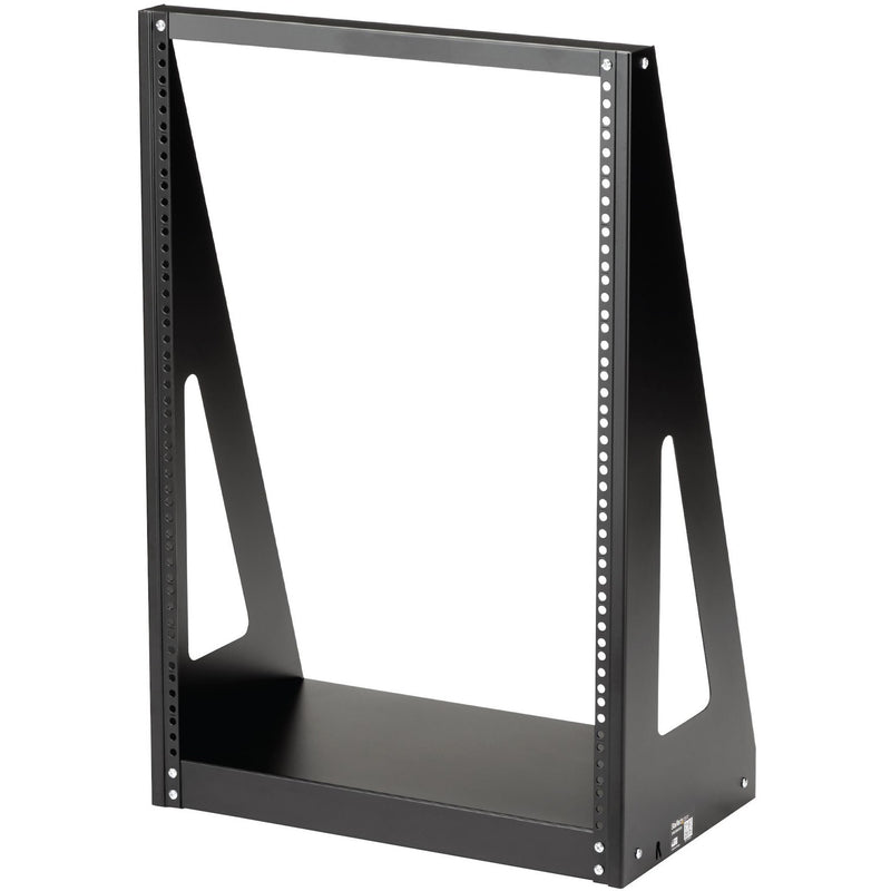 Front view of StarTech.com 16U 2-post open frame rack showing sturdy black steel construction and mounting holes