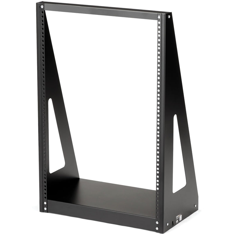 Angled view of StarTech.com 16U 2-post rack showing floor/desktop mounting configuration