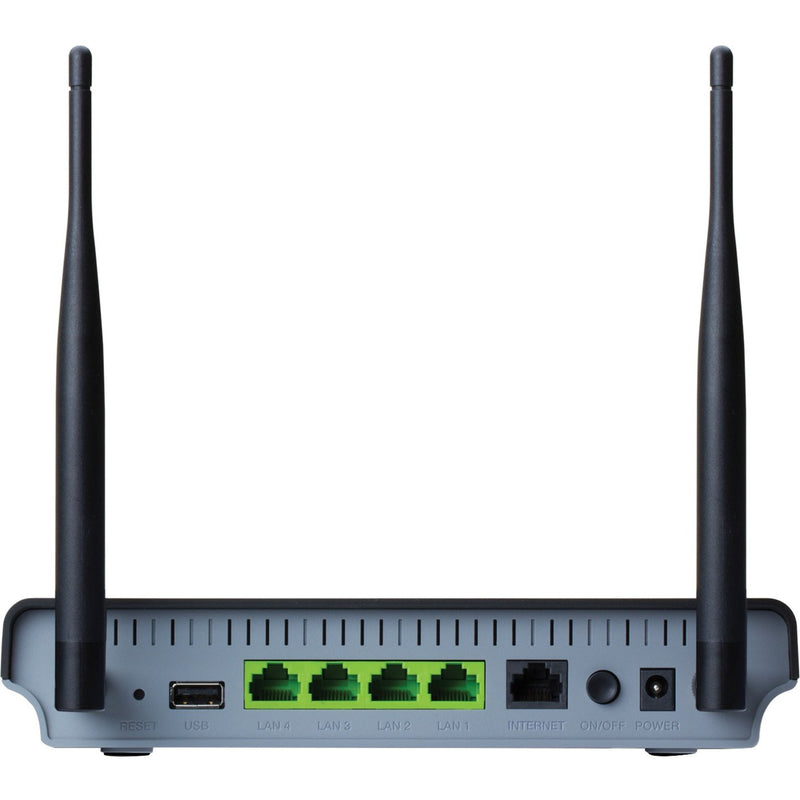 Rear view of Luxul XWR-1200 router showing four LAN ports, USB port, internet port, and power connection