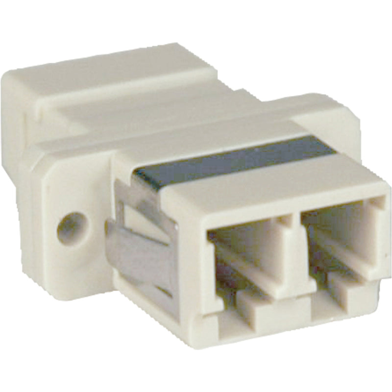 Tripp Lite N455-000 white duplex LC fiber optic coupler showing four female LC ports in a compact housing