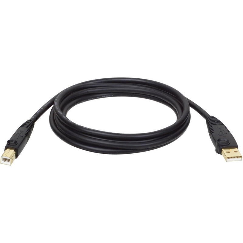 15-foot black USB 2.0 cable with gold-plated Type-A and Type-B connectors featuring premium shielding and strain relief