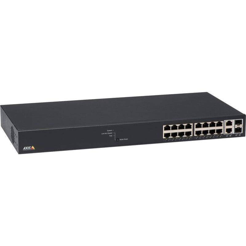 AXIS T8516 PoE+ Network Switch featuring 18 Gigabit ports and 2 SFP slots in a black rack-mountable chassis