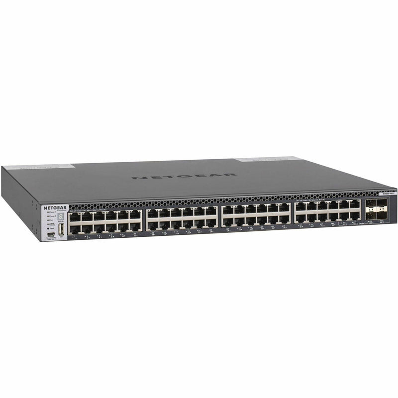 Netgear ProSafe M4300-48X front view showing 48 10GbE ports and management interfaces with LED indicators