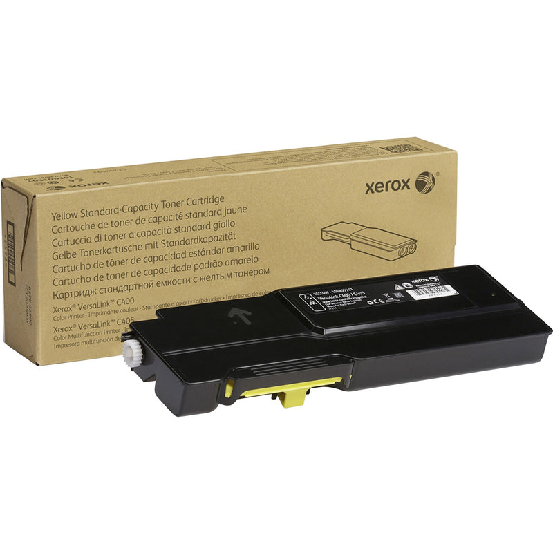 Xerox 106R03501 yellow toner cartridge with retail packaging showing multilingual product information