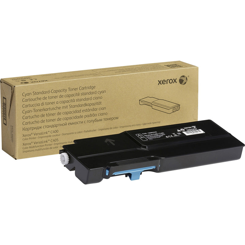 Xerox 106R03502 cyan toner cartridge with retail packaging showing product specifications and compatibility information