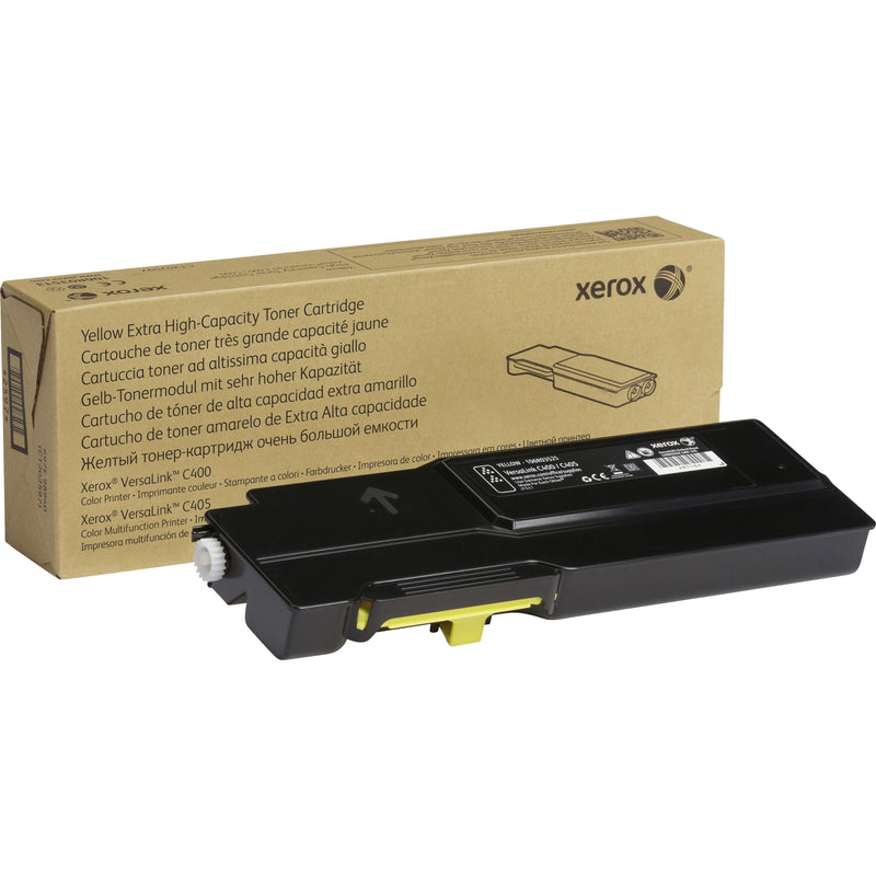 Xerox 106R03525 genuine yellow extra high-capacity toner cartridge with retail packaging and cartridge unit displayed