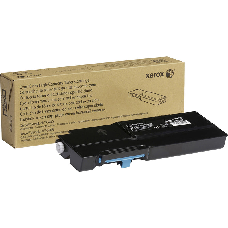 Xerox 106R03526 Genuine Cyan Extra High Capacity Toner Cartridge with retail packaging and cartridge unit