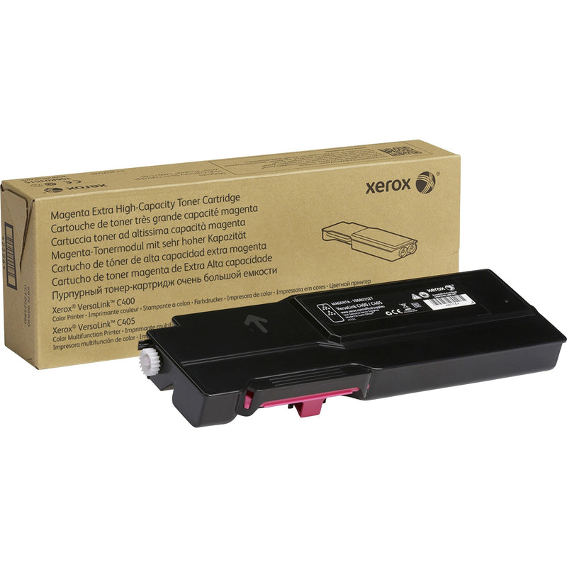 Xerox 106R03527 genuine magenta extra high-capacity toner cartridge with retail packaging and cartridge unit displayed