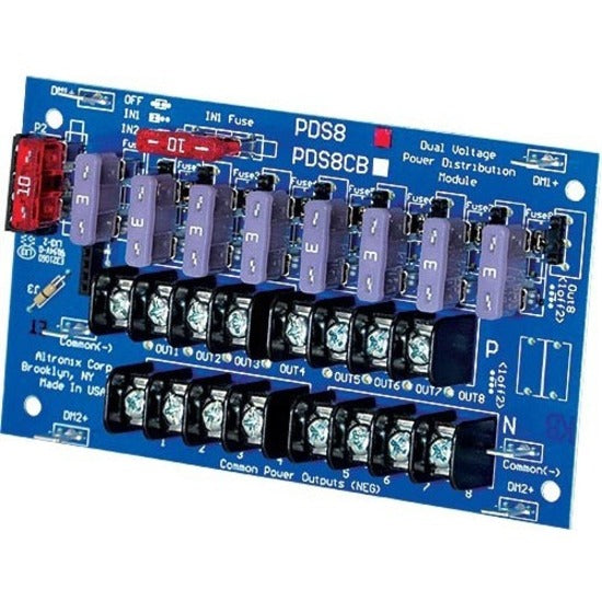 Top view of Altronix PDS8 power distribution module showing eight fused outputs, dual input terminals, and blue circuit board layout-alternate-image1