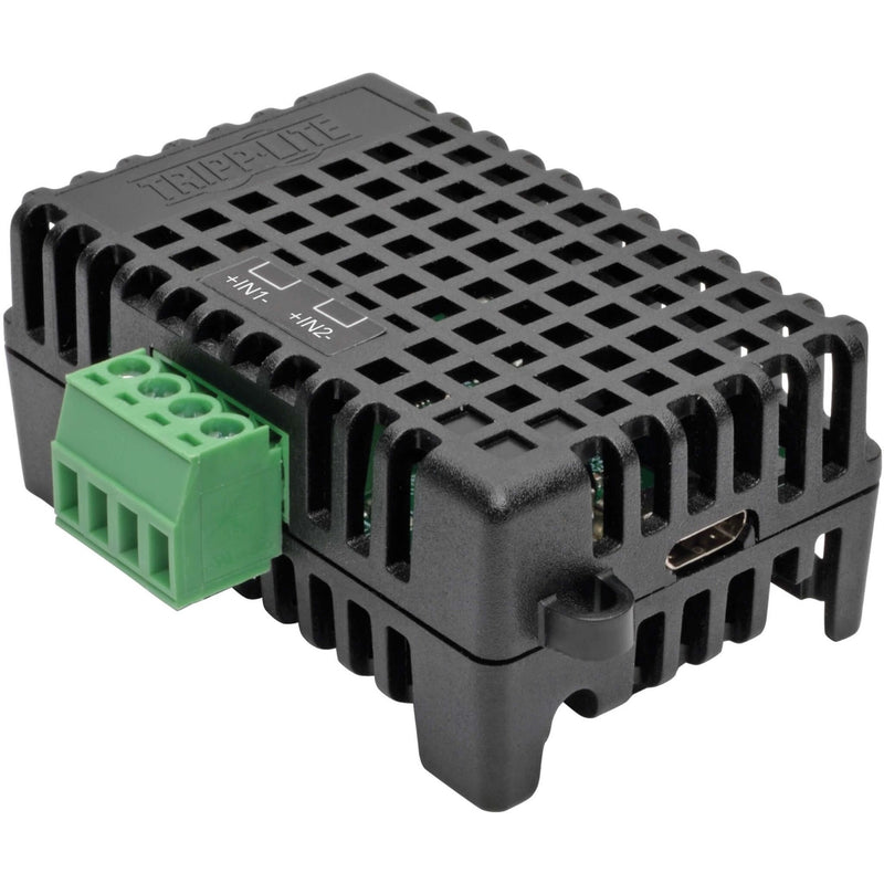 Top view of E2MTHDI environmental sensor showing ventilated black housing and green terminal block