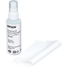 Epson scanner cleaning kit showing white spray bottle with Epson branding and two white microfiber cleaning cloths