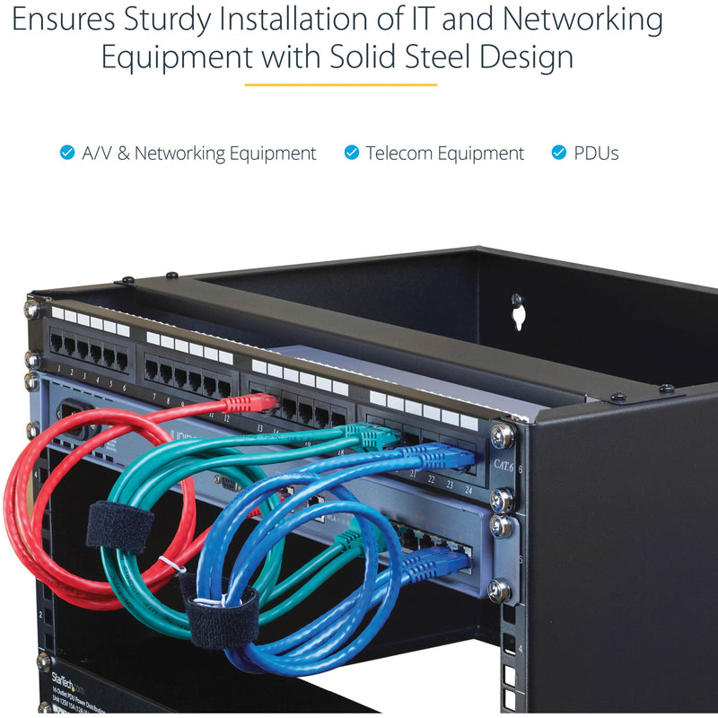 Wall-mount rack with network equipment and cables installed