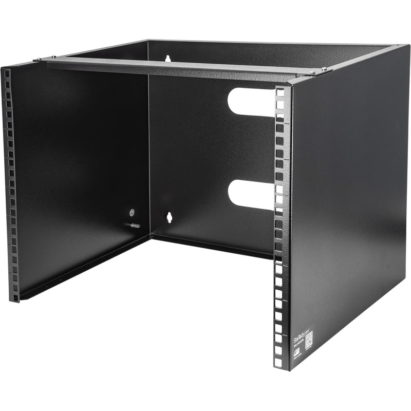 Front angle view of 8U wall-mount network rack showing steel construction