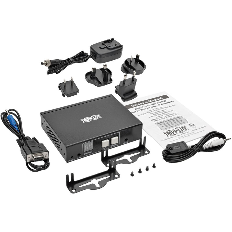 Complete package contents of Tripp Lite B160-100-DPSI receiver including unit, power adapters, cables, and mounting hardware