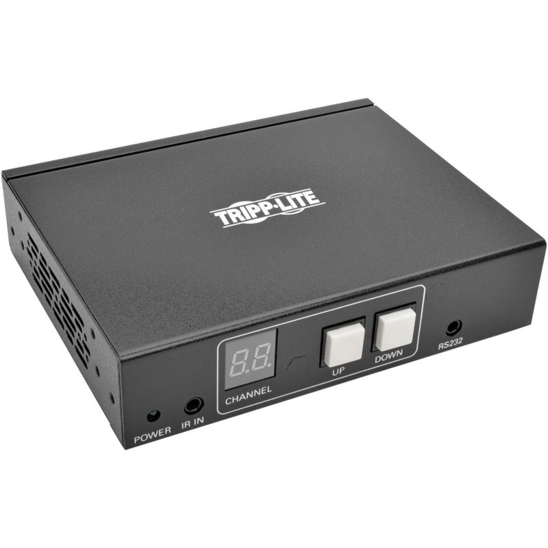 Front view of Tripp Lite B160-100-DPSI receiver unit showing digital channel display, UP/DOWN buttons, IR IN port and RS232 port