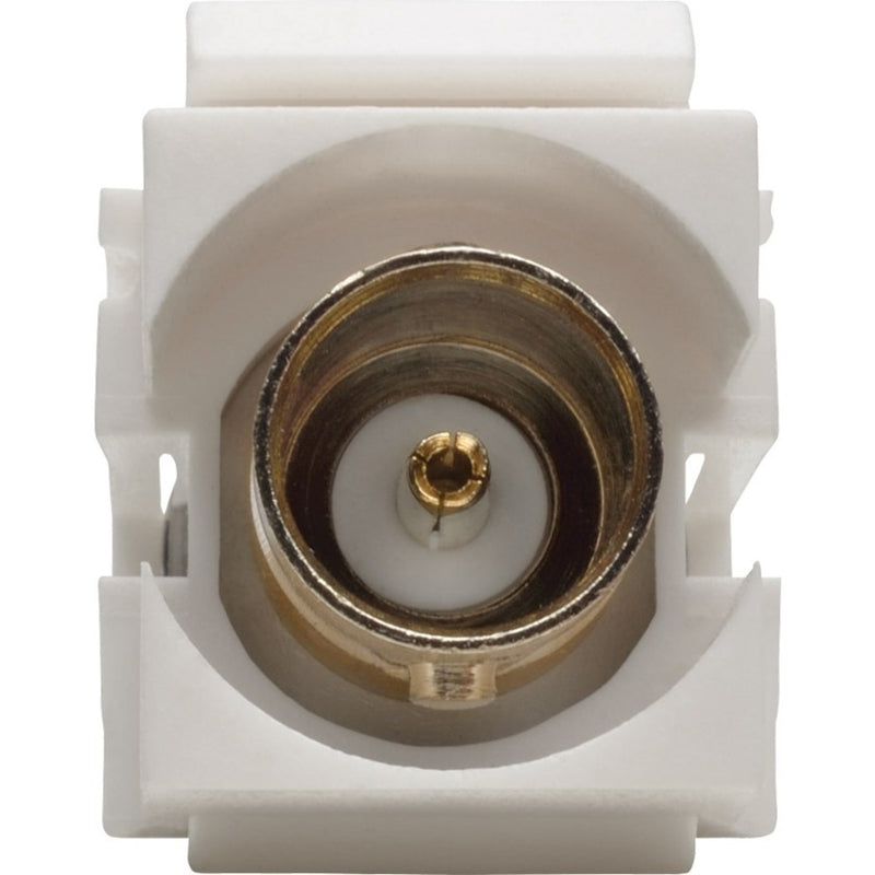 Detailed front view of BNC connector showing gold-plated center contact and white housing