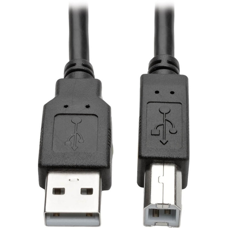 Detailed view of USB Type-A and Type-B connectors with strain relief design