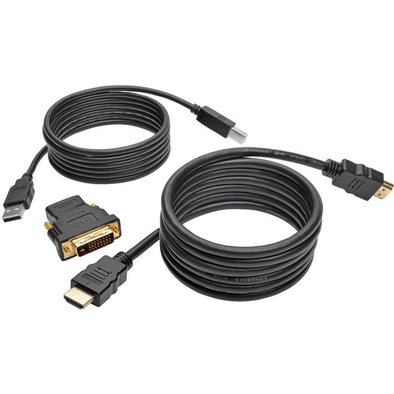 Tripp Lite KVM cable kit showing USB, HDMI cables and DVI-to-HDMI adapter with premium shielding