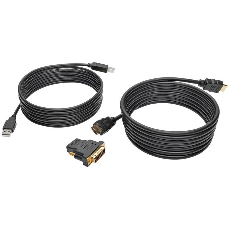 Complete KVM cable kit showing USB cable, HDMI cable, and DVI-to-HDMI adapter laid out