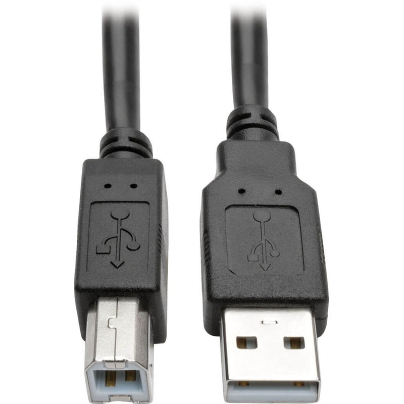 Close-up of USB Type-A and Type-B connectors showing strain relief design