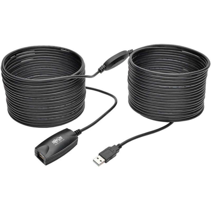 Tripp Lite USB 2.0 active extension cable showing full 49-foot length with signal booster housing