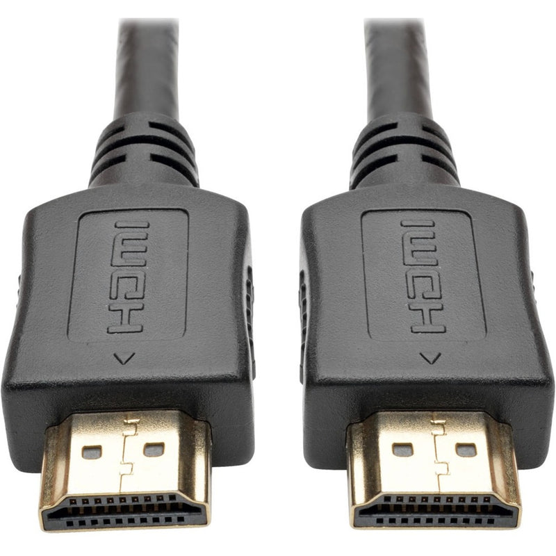 Close-up view of gold-plated HDMI connectors with strain relief and Tripp Lite branding