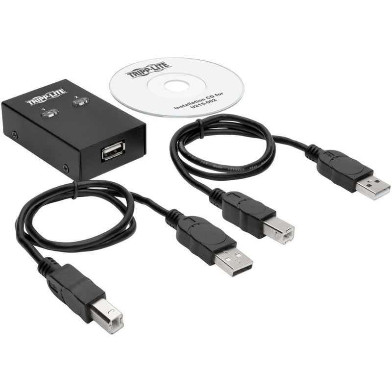 Complete package contents of Tripp Lite U215-002 including USB switch, cables, and installation CD