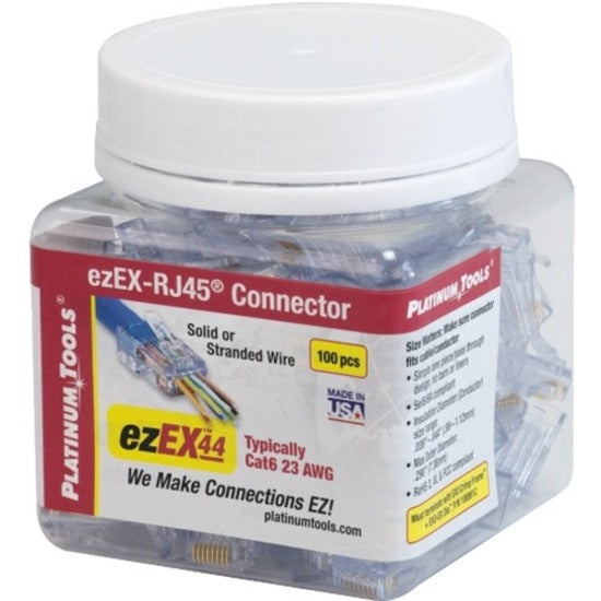 Clear plastic jar containing 100 ezEX-RJ45 network connectors with red and yellow labeled branding