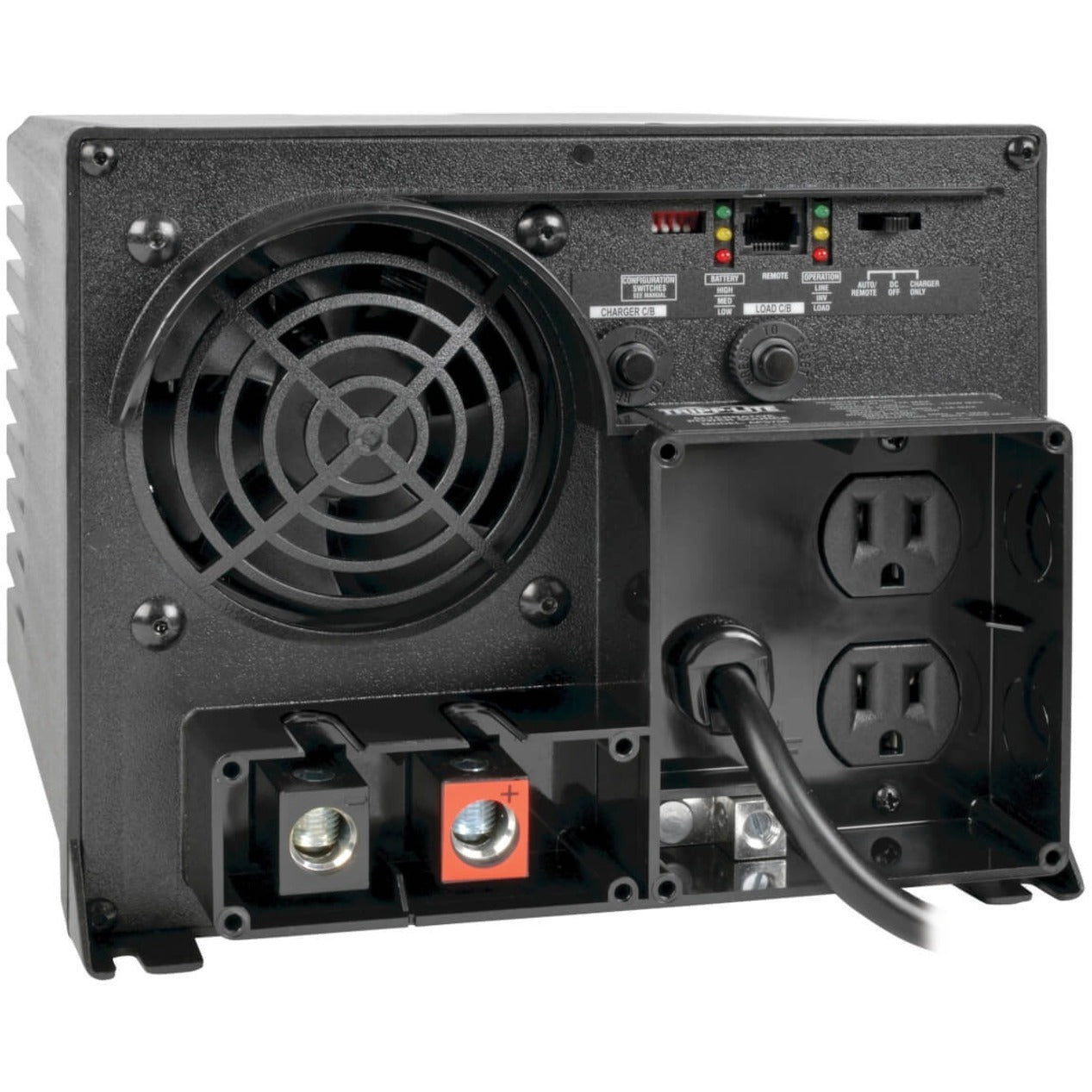 Rear view of Tripp Lite APS1250 inverter showing cooling fan, dual power outlets, LED indicators, and DC connection terminals-alternate-image1